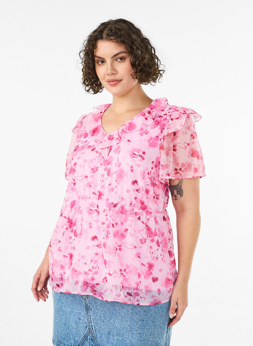 Blommig blus med volangkrage och peplumeffekt, Rosa, Model image number 0