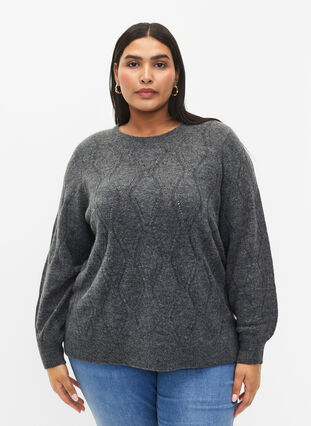 Stickad tröja med hålmönster, Dark Grey Melange, Model image number 0