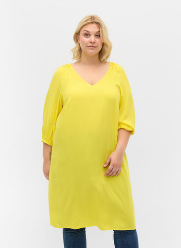 Viskosklänning med v-ringning, Blazing Yellow, Model image number 0