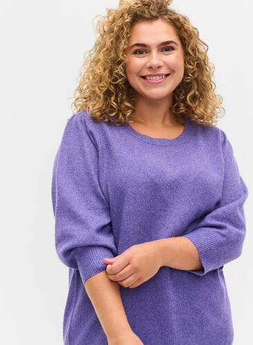 Melerad stickad tröja med 3/4-ärmar, Ultra Violet Mel., Model image number 3