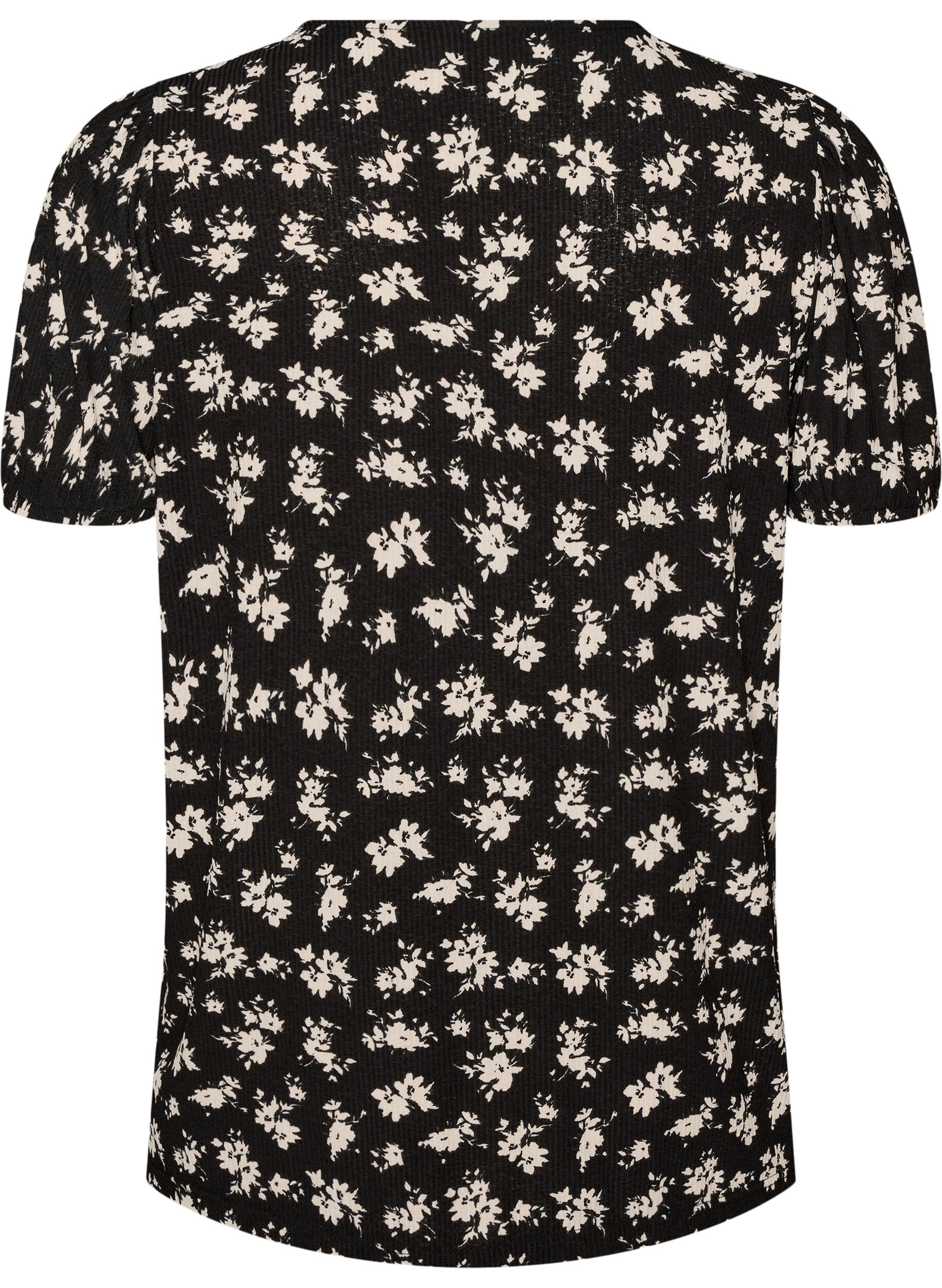 ZizziBlus med l&aring;nga &auml;rmar och blommigt tryck, Svart, Packshot image number 1