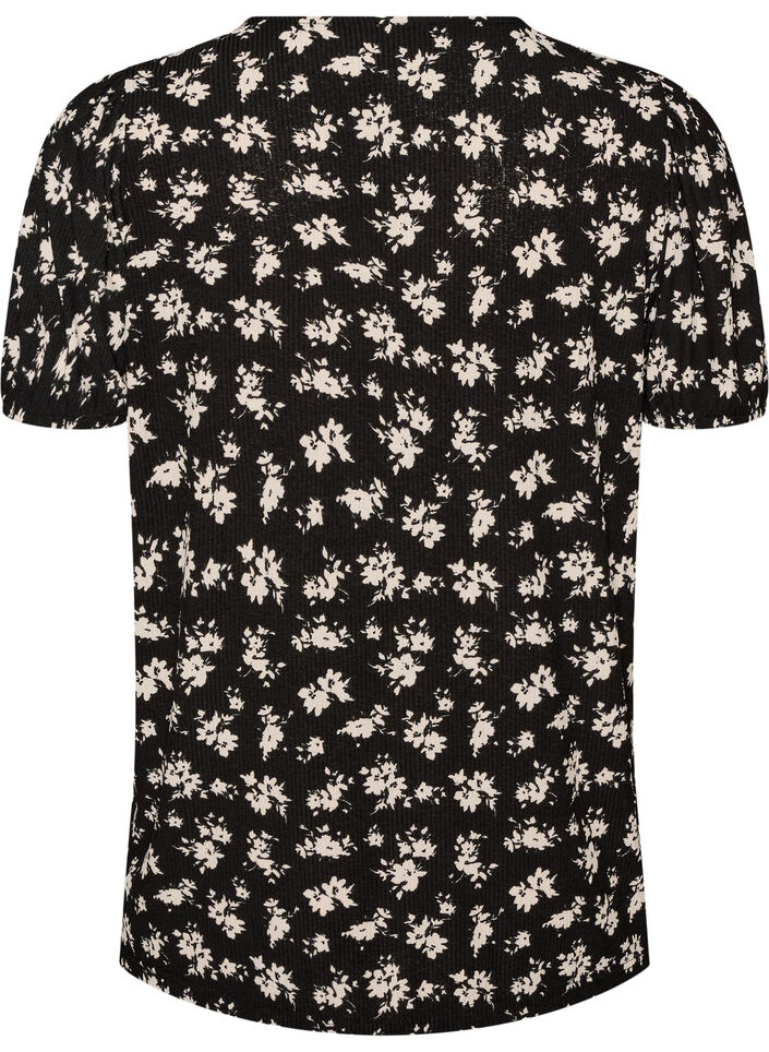 Blus med l&aring;nga &auml;rmar och blommigt tryck, Svart, Packshot image number 1