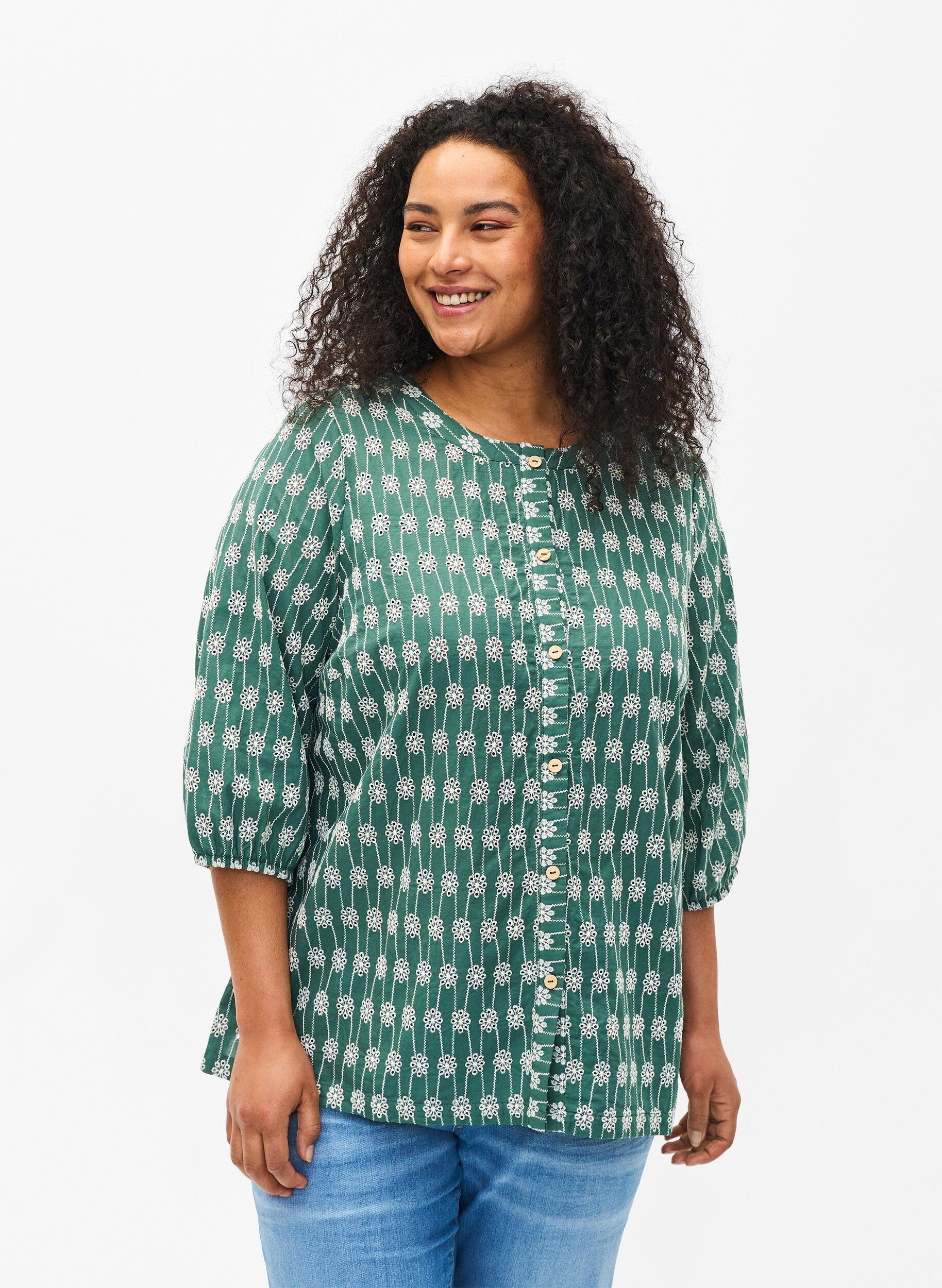 Zizzi Skjortblus i bomull med blomm&ouml;nster, Dark Forest, Model image number 0