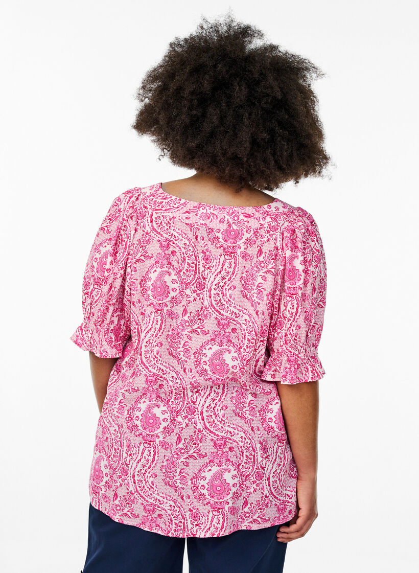Blus i viskos med paisleym&ouml;nster och fyrkantig halsringning, Rosa, Model image number 2