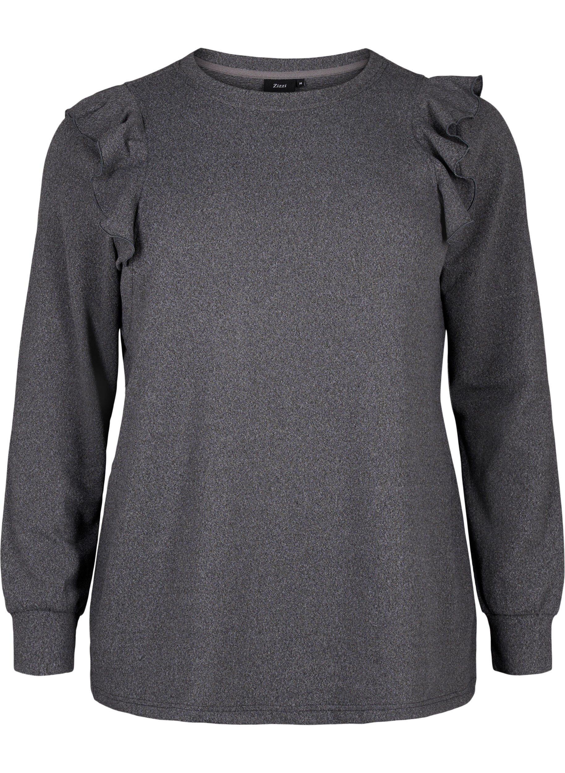 Zizzi L&aring;ng&auml;rmad blus med volangdetaljer, Dark Grey Melange, Packshot image number 0