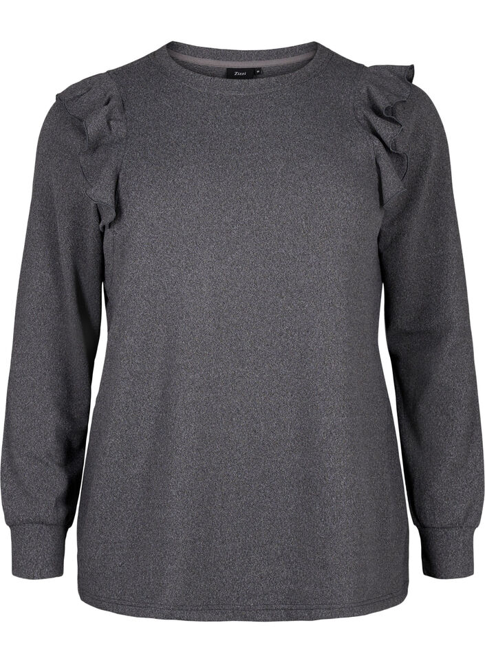 Långärmad blus med volangdetaljer, Dark Grey Melange, Packshot image number 0