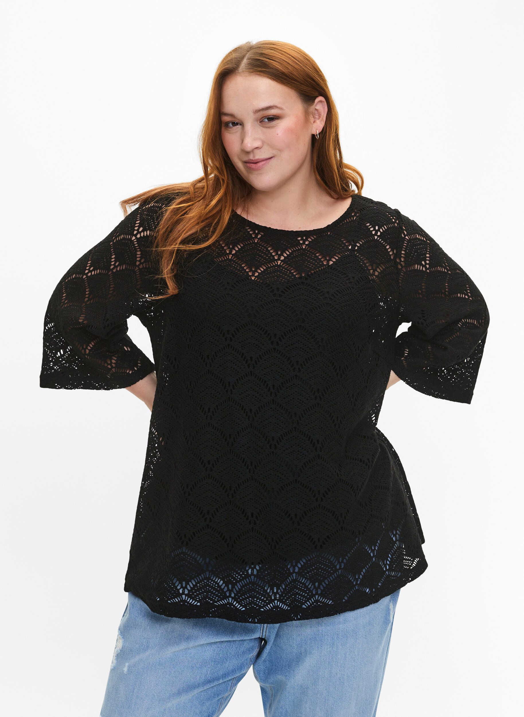 Zizzi Crochet blus med 3/4 &auml;rmar, Black, Model image number 0