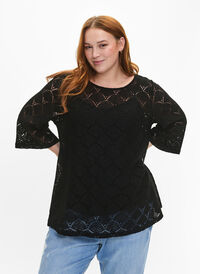 Crochet blus med 3/4 ärmar, Black, Model