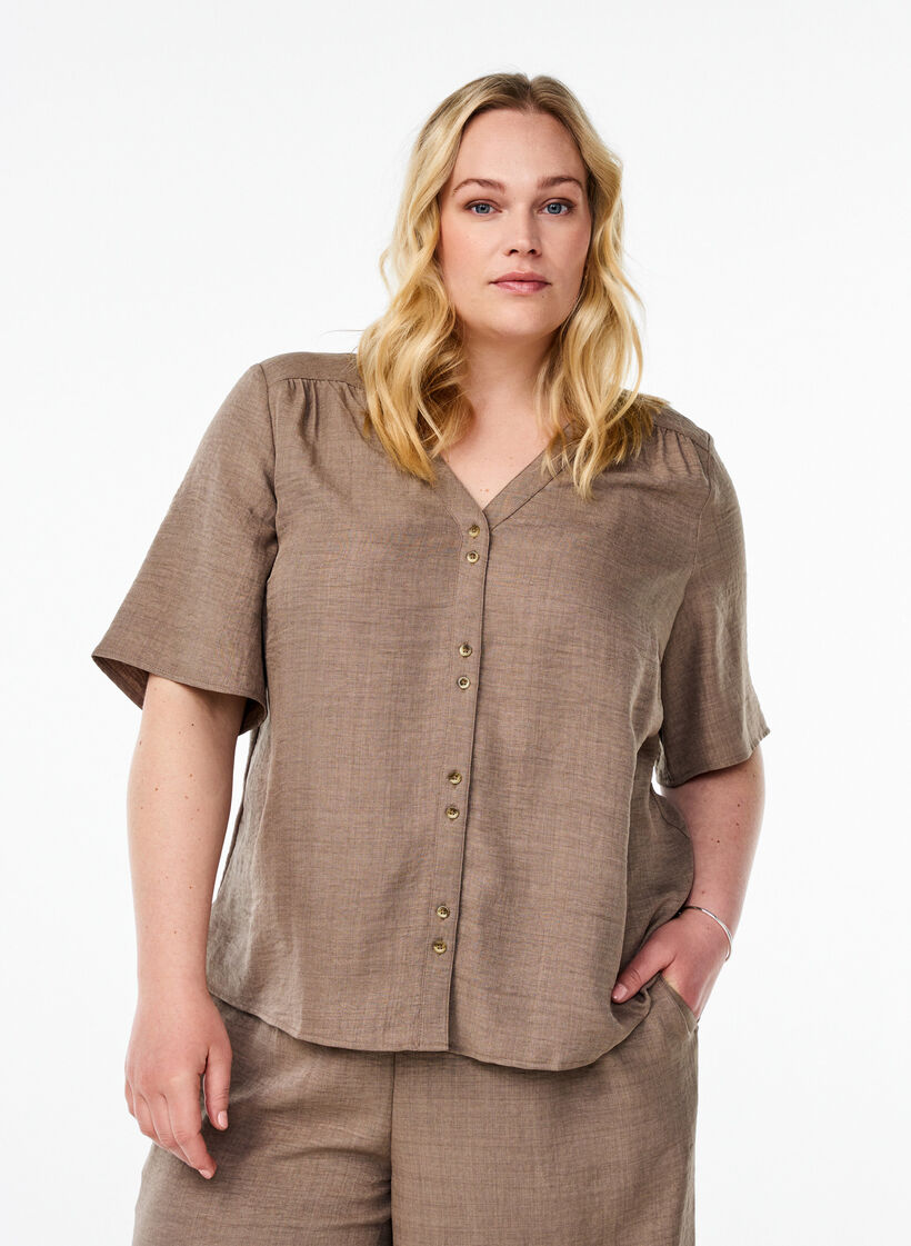V-ringad skjortblus med korta &auml;rmar, Brun, Model image number 0
