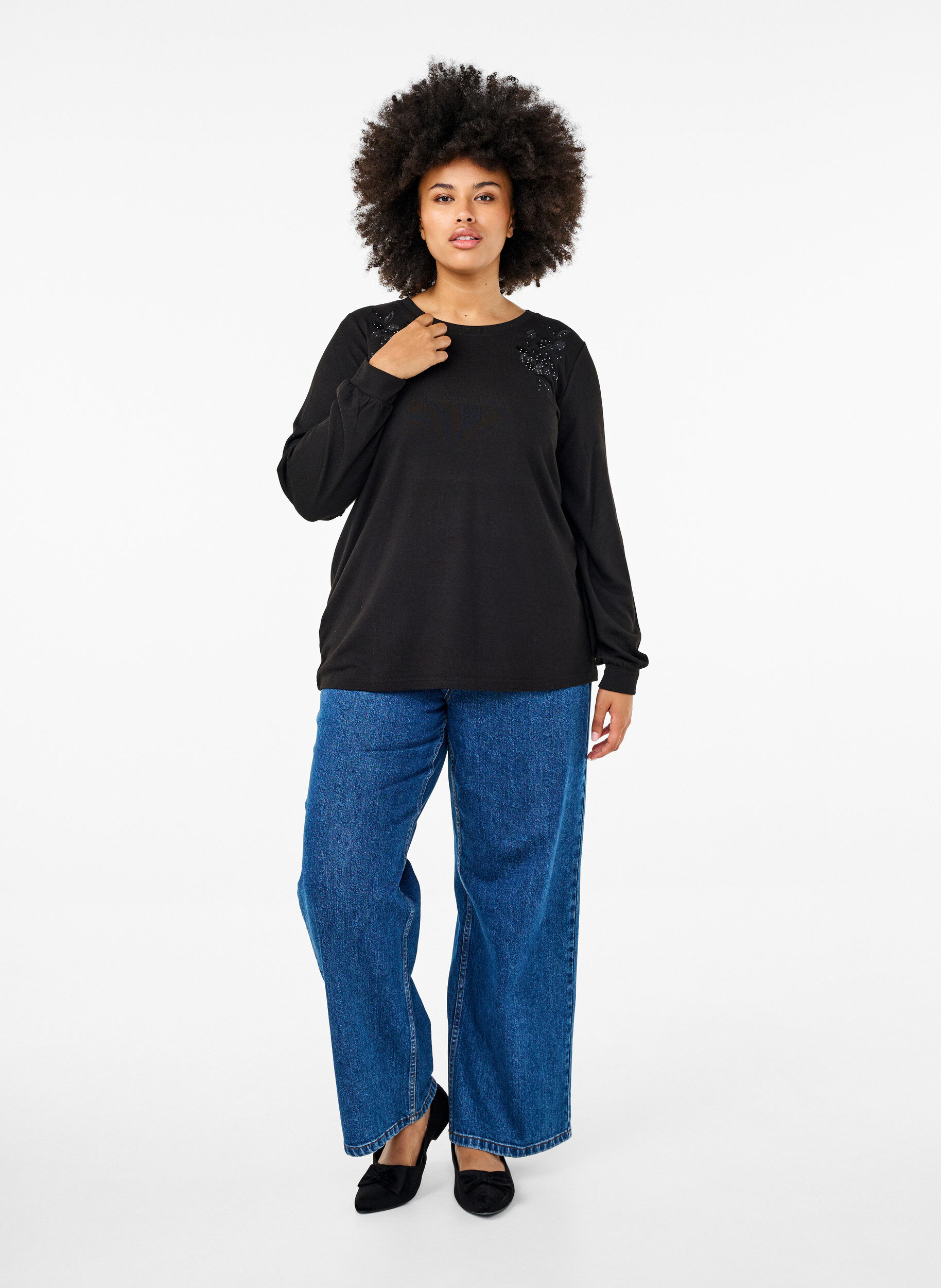 Zizzi Blus med broderi och strass, Black, Model image number 2