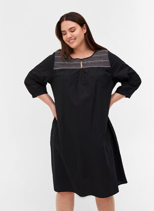 A-linjeformad klänning i bomull med smock, Black, Model image number 0