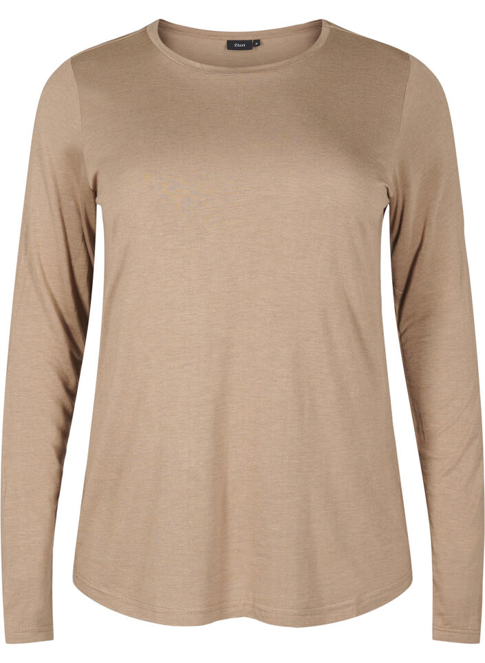 L&aring;ng&auml;rmad blus i ull och viskos, Brun, Packshot image number 0