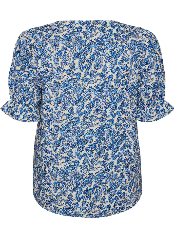 Blus i bomull med fyrkantig ringning, Bl&aring;, Packshot image number 1