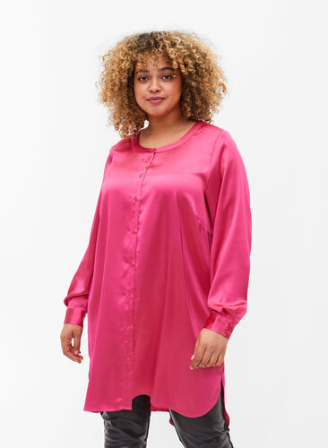 Lång skinande skjorta med slits, Pink Flambé, Model image number 0