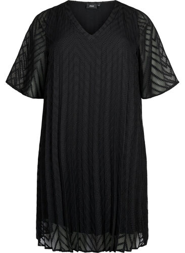Kortärmad klänning med struktur, Black, Packshot image number 0