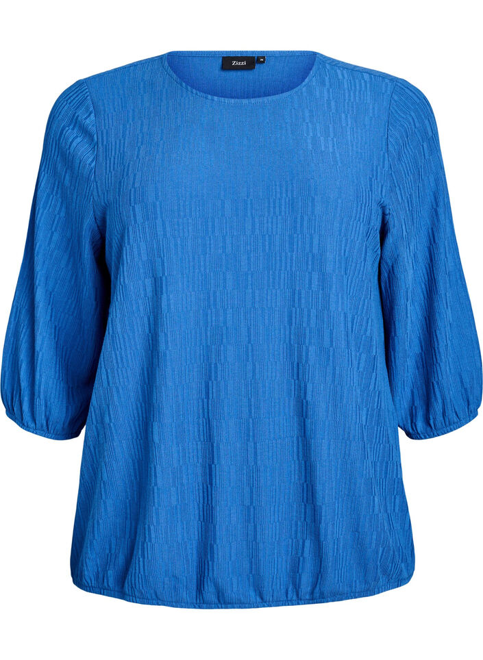 Blus med struktur och 3/4-&auml;rmar, Bl&aring;, Packshot image number 0