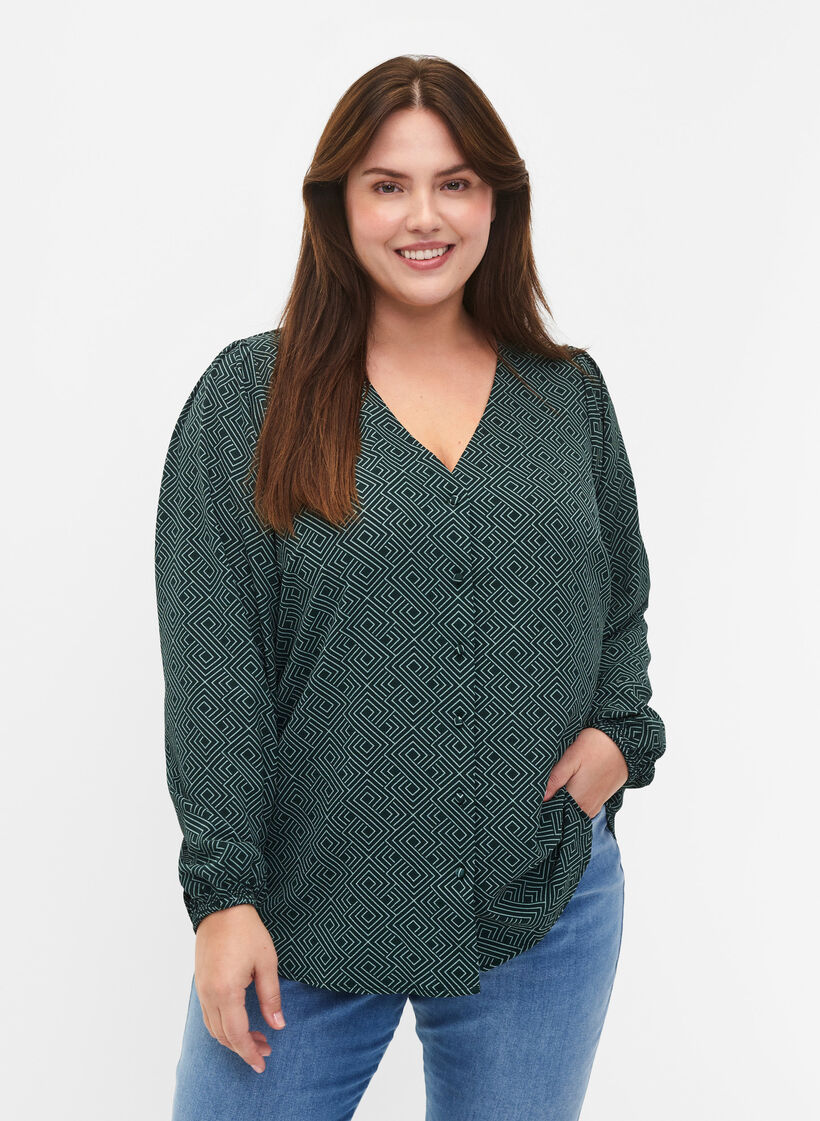 Skjortblus med V-ringning och tryck, Scarab Graphic AOP, Model image number 0