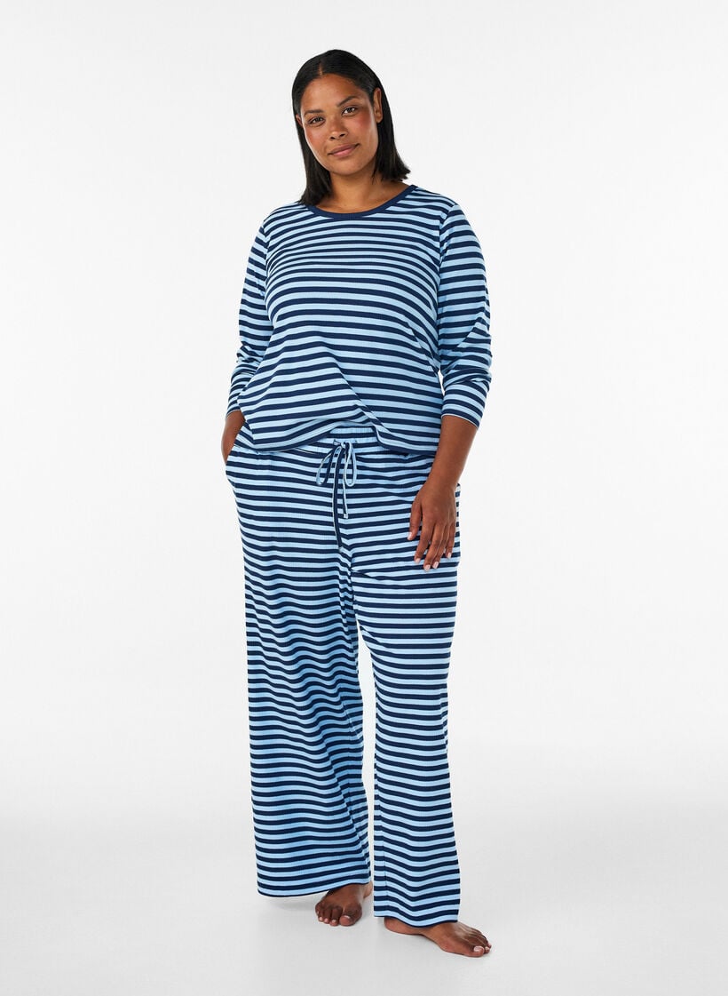 Randiga pyjamasbyxor med h&ouml;g midja och vida ben, Bl&aring;, Model image number 0