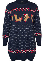 Kort kl&auml;nning i stickat med julmotiv, Bl&aring;