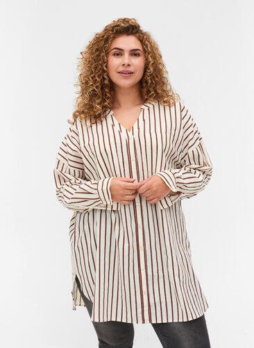 Lång randig bomullsskjorta med v-ringning, Stripe, Model image number 0