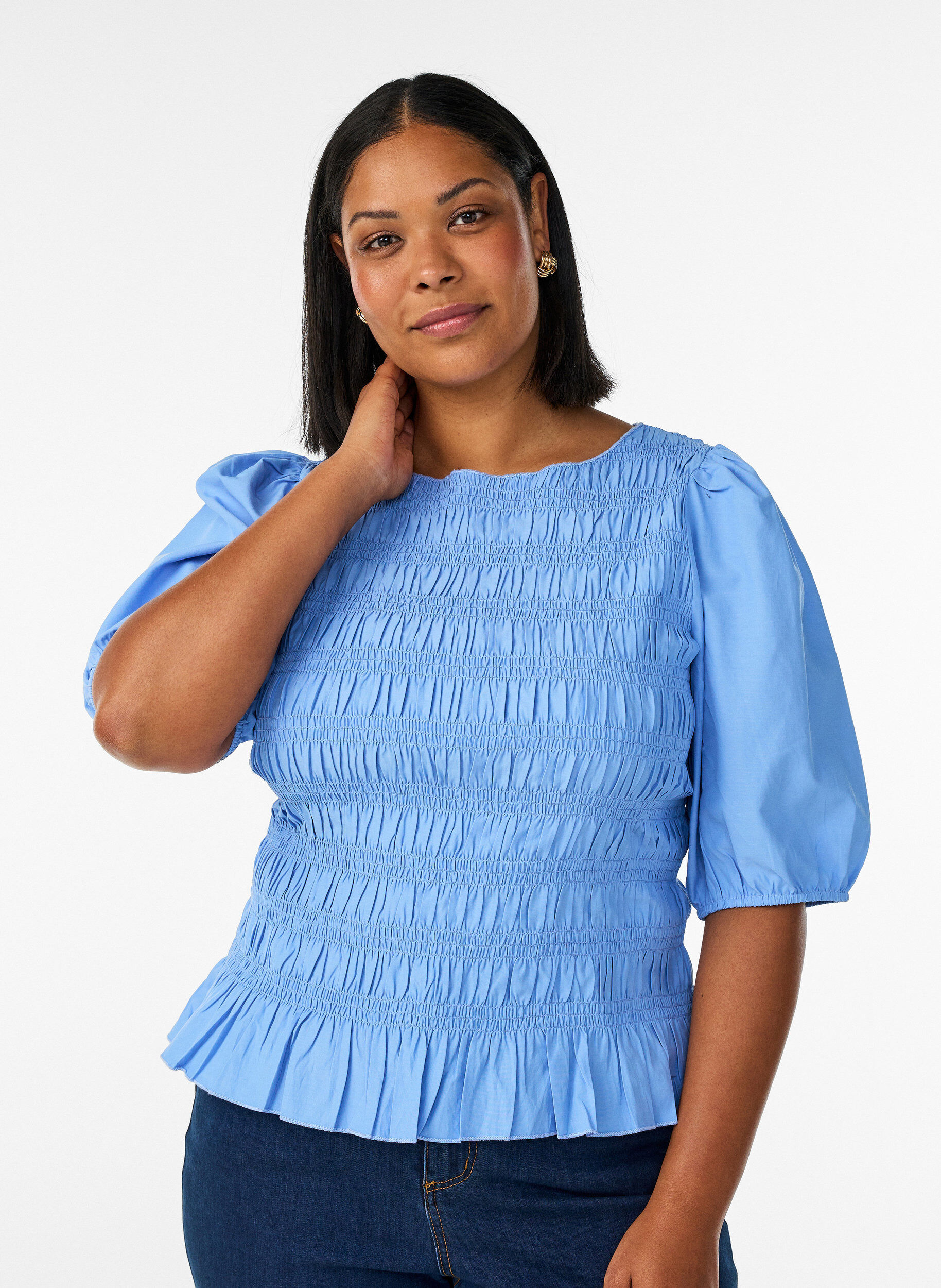 ZizziSmockblus med volangkant och b&aring;tringning, Bl&aring;, Model image number 0