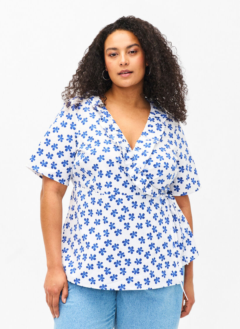 Omlottblus i bomull med blommönster, B.White/Small Flower, Model image number 0