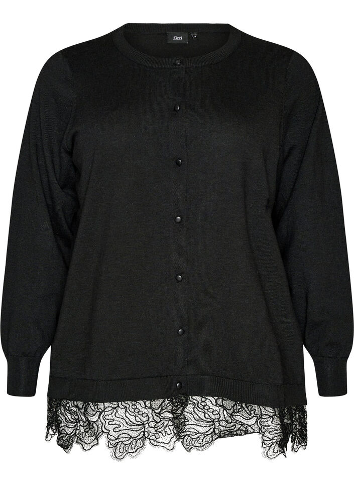 Cardigan med bred spetskant, Svart, Packshot image number 0