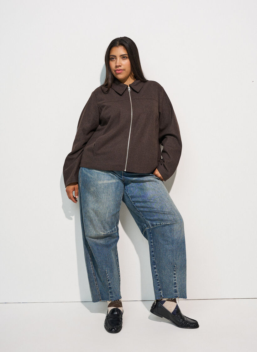 Kort jacka med skjortkrage och dragkedja, Brun, Model image number 1