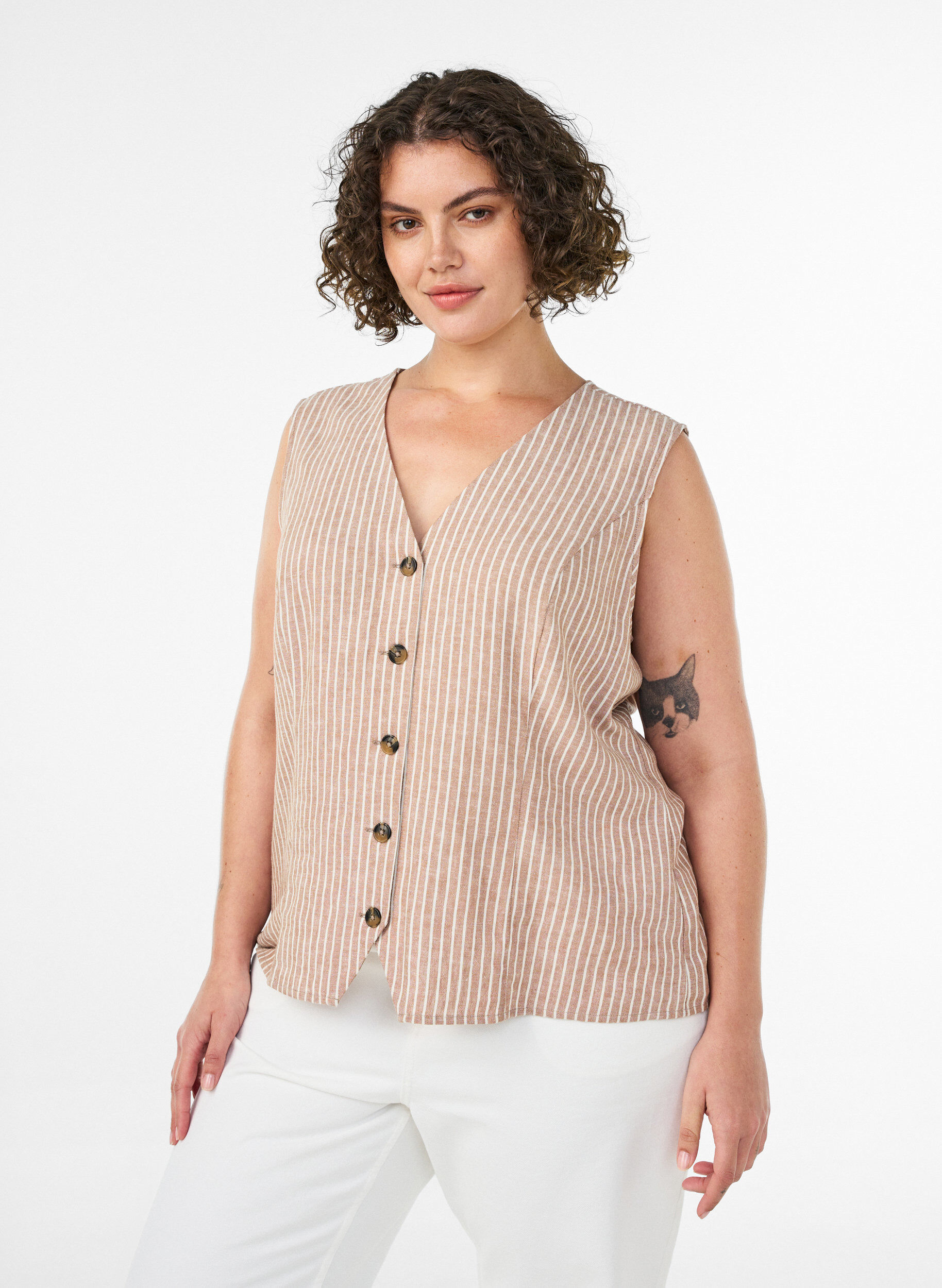 Randig v&auml;st i linne och viskos, Beige, Model