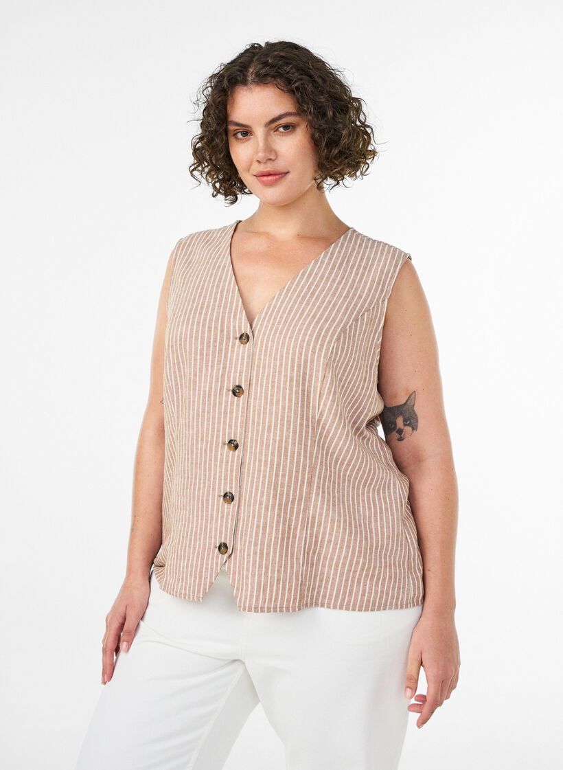 Randig v&auml;st i linne och viskos, Beige, Model image number 0