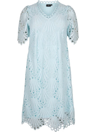 Virkad klänning med korta ärmar, Delicate Blue, Packshot image number 0