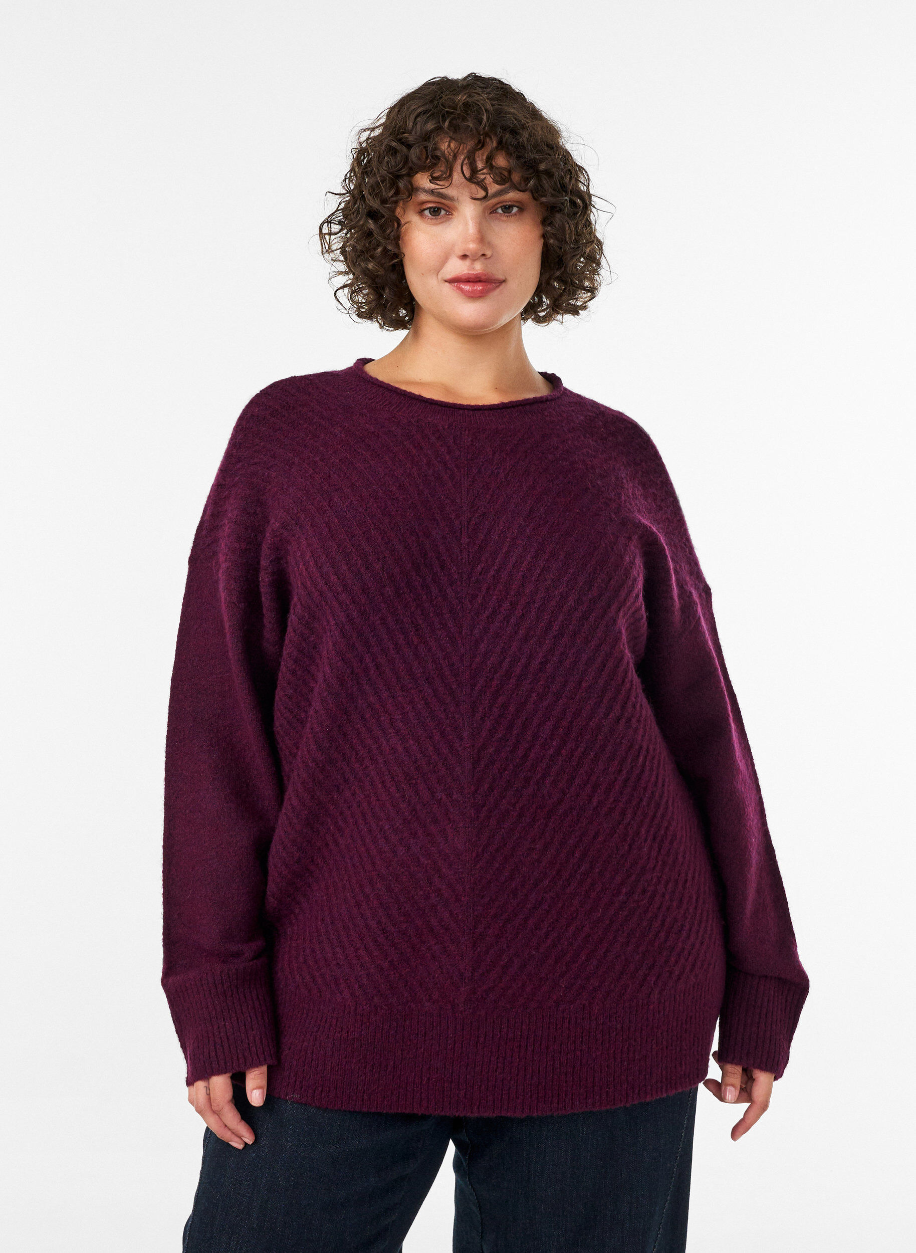 ZizziStickad blus med V-format ribbm&ouml;nster och slitsar, R&ouml;d, Model image number 0