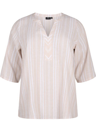 Randig blus i linne- och viskosblandning, Beige White Stripe, Packshot image number 0