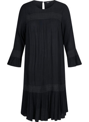 Viskosklänning med spetsdetaljer, Black, Packshot image number 0
