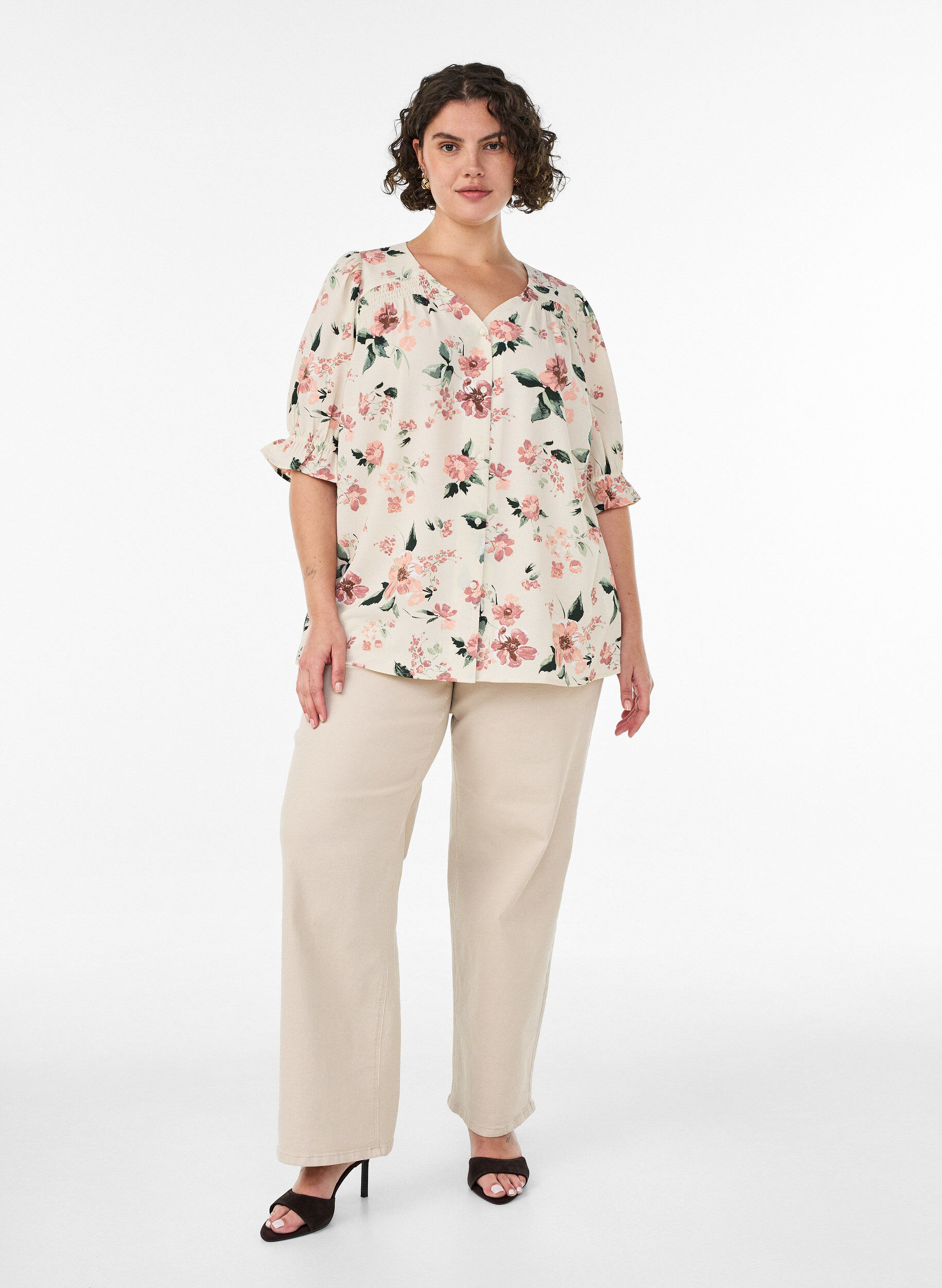 ZizziSkjortblus med halvl&aring;nga &auml;rmar, Rosa, Model image number 1
