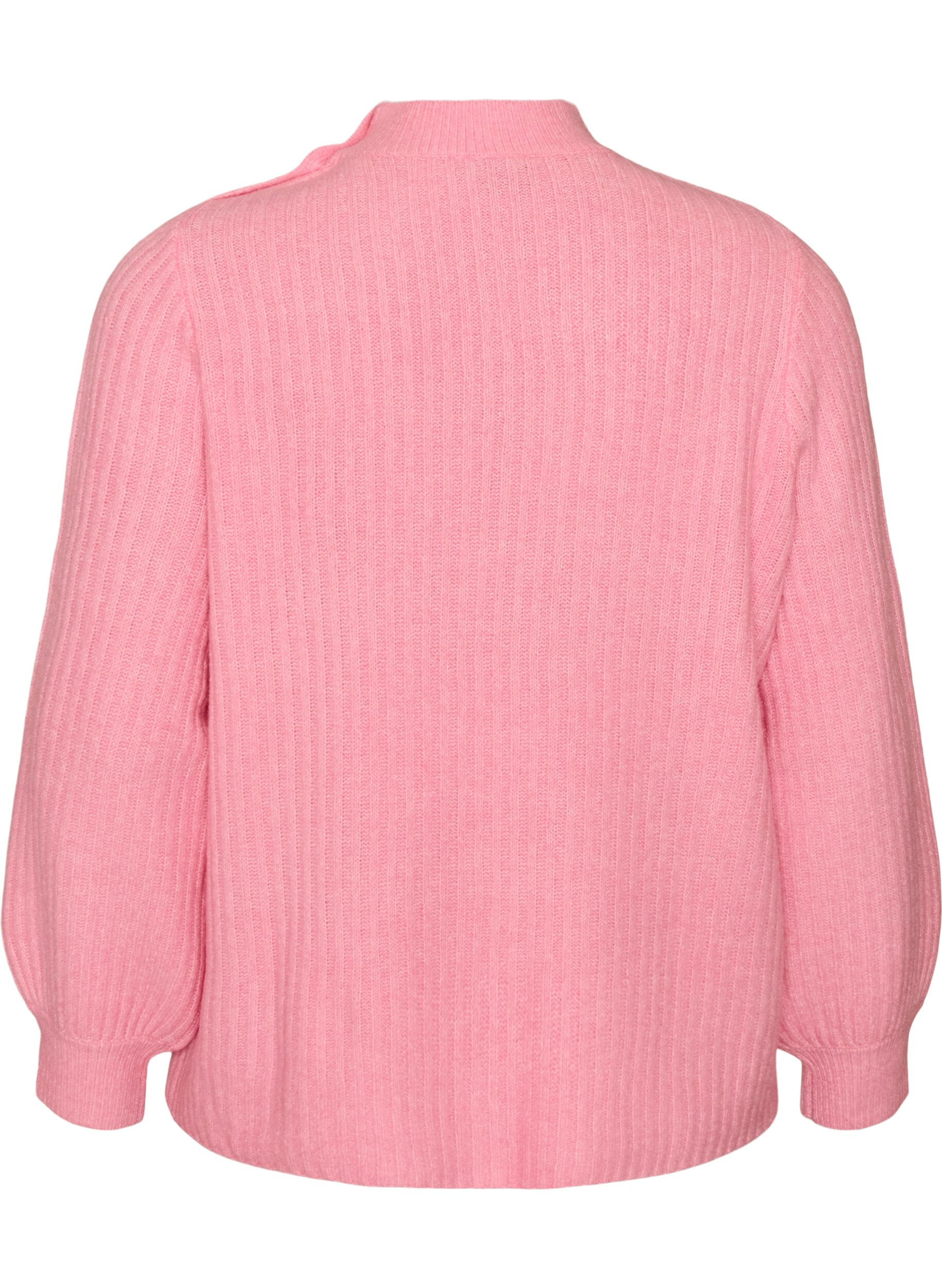 ZizziRibbstickad tr&ouml;ja med puff&auml;rmar och knappar, Rosa, Packshot image number 1