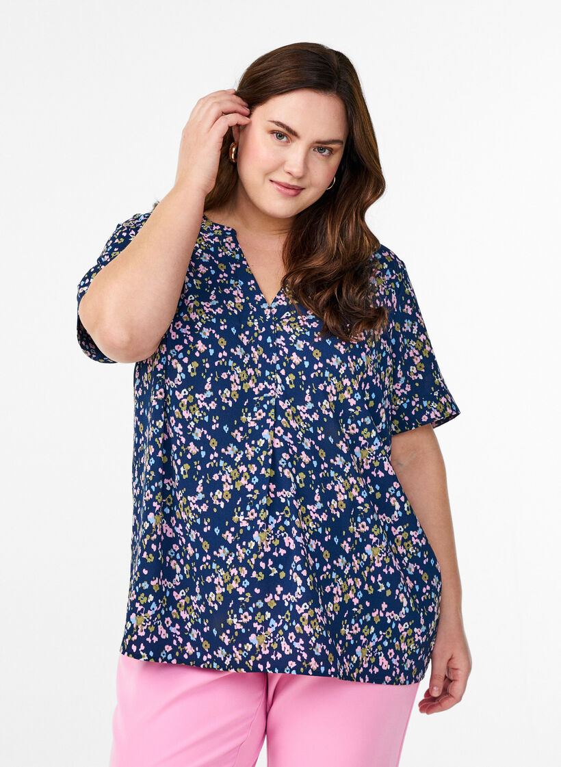 Kortärmad blus med v-ringning, Rosa, Model image number 0