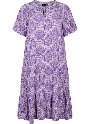 Kortärmad viskosklänning med tryck, D. Lavender Oriental, Packshot image number 0