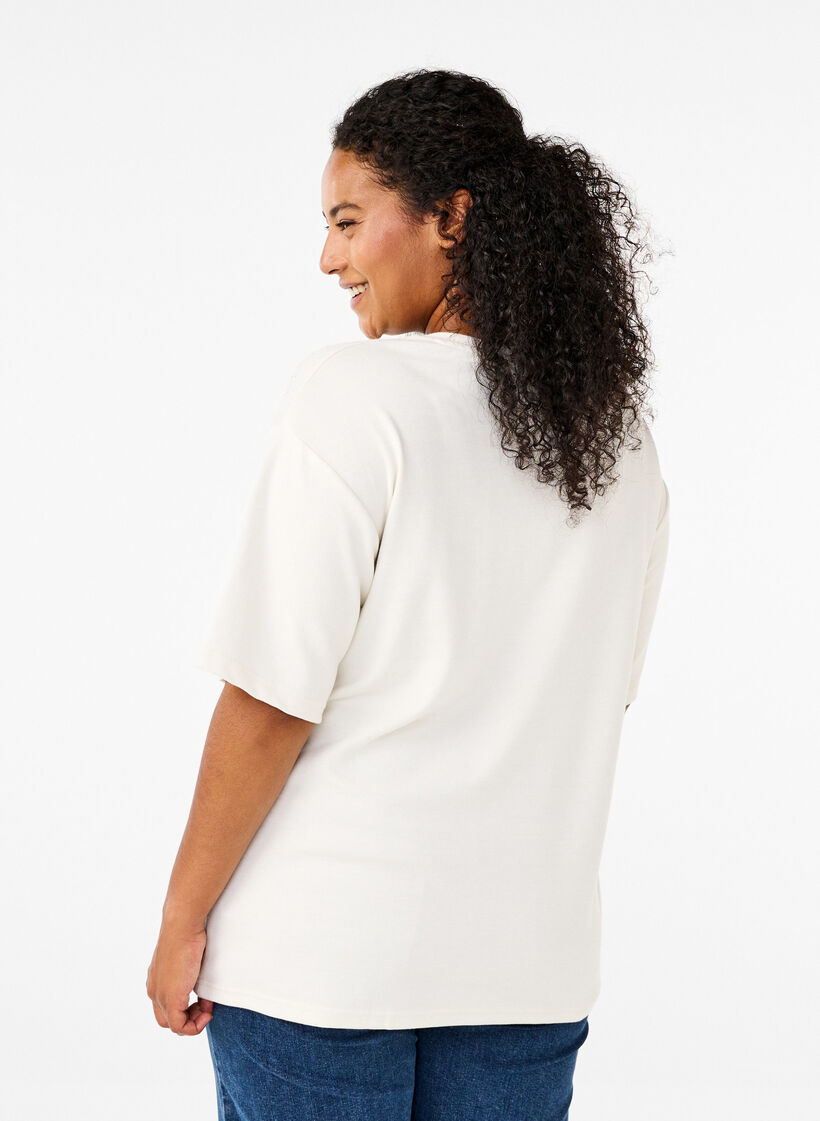 T-shirt med strassstenar och rund hals, Vit, Model image number 2