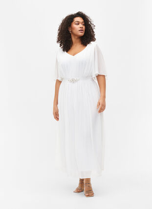 Maxiklänning med draperingar och korta ärmar, Bright White, Model image number 0