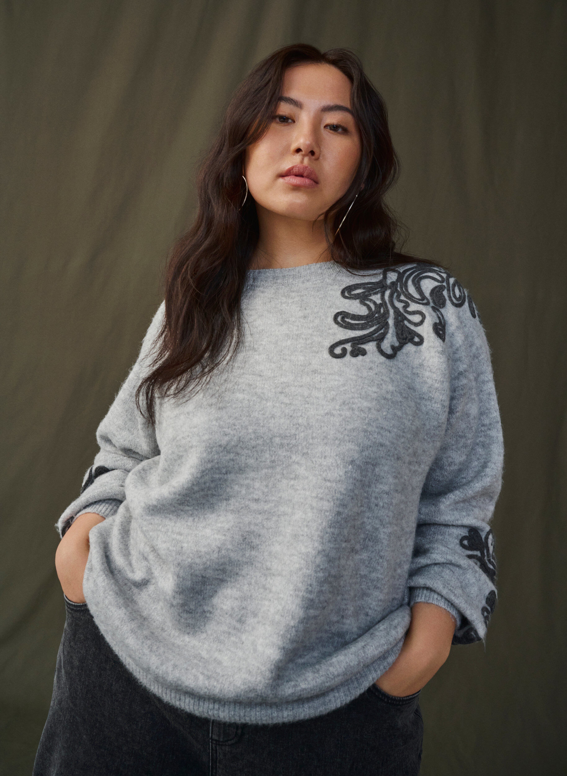 Zizzi Stickad blus med dekorativt m&ouml;nster, Light Grey Melange, Image image number 0