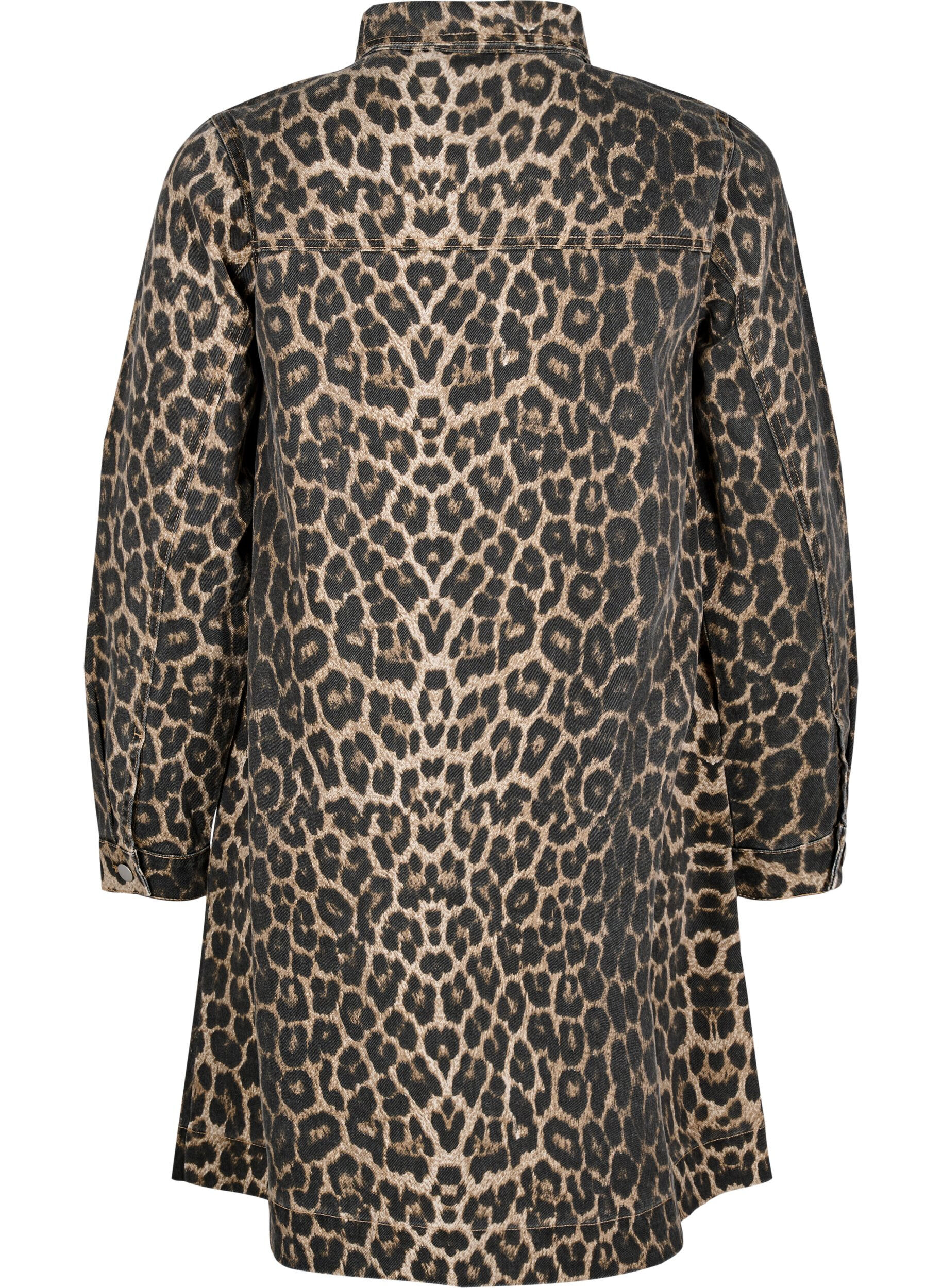 Zizzi L&aring;ng&auml;rmad jeanskl&auml;nning med leopardm&ouml;nster, Brun, Packshot image number 1