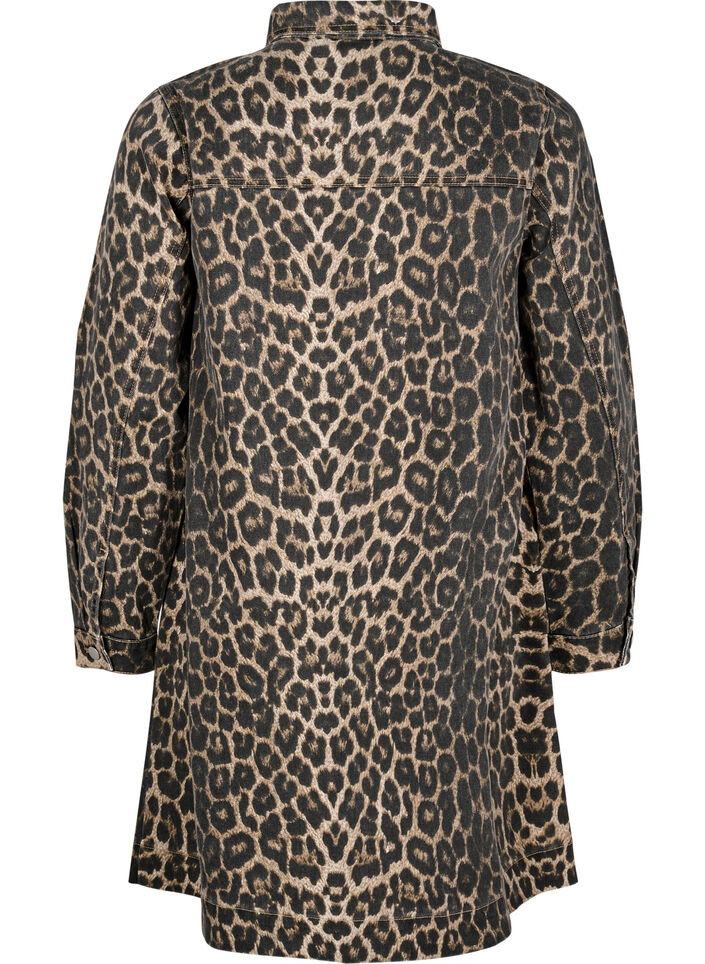 Långärmad jeansklänning med leopardmönster, Brown Leo AOP, Packshot image number 1