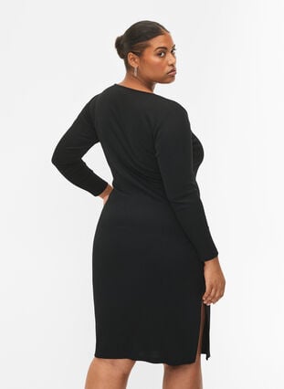 Åtsittande klänning med långa ärmar och slits, Black, Model image number 1