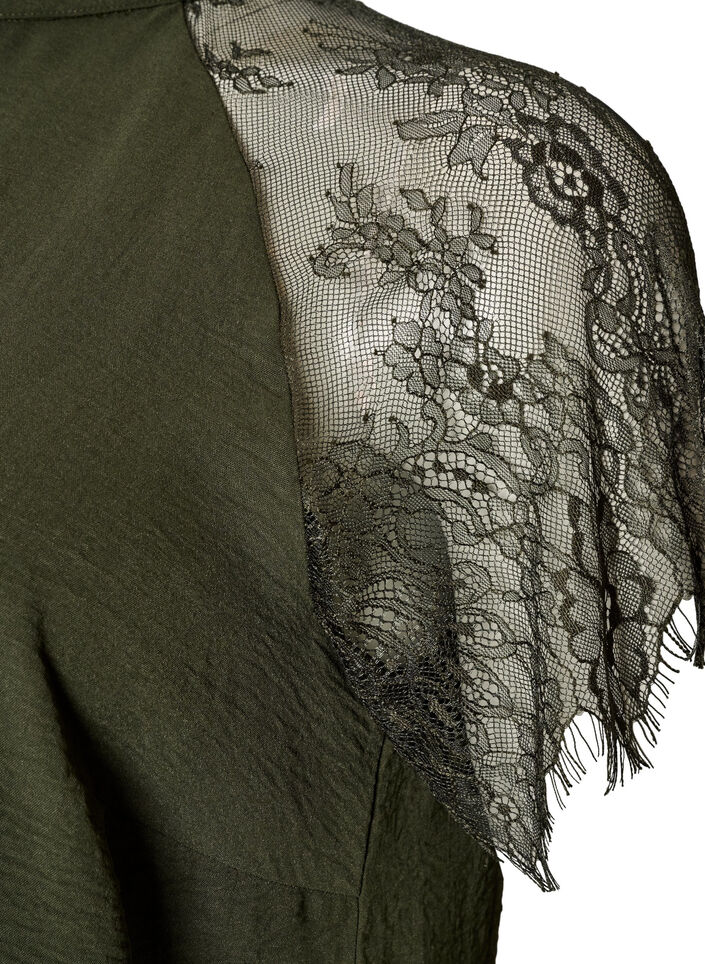 Blus med korta &auml;rmar i spets och h&ouml;g krage, Gr&ouml;n, Packshot image number 3