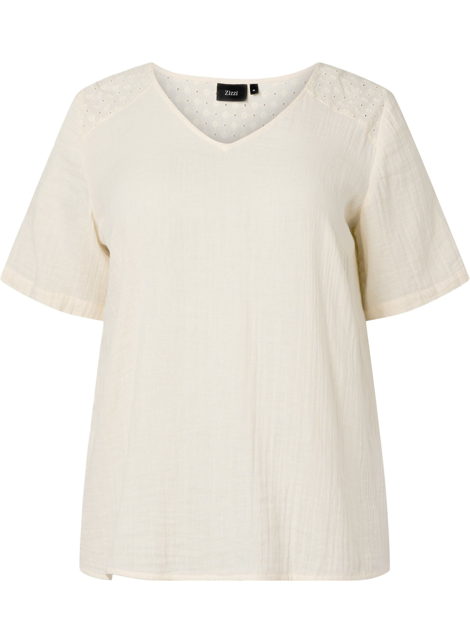 Zizzi Blus i bomull med broderi och korta &auml;rmar, Buttercream, Packshot image number 0