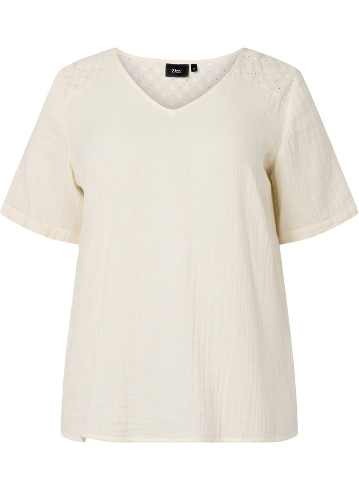 Blus i bomull med broderi och korta ärmar, Buttercream, Packshot image number 0