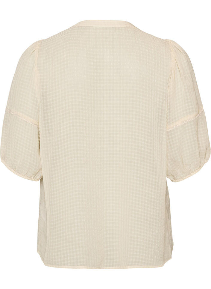Blus i seersucker med knytband, Beige, Packshot image number 1