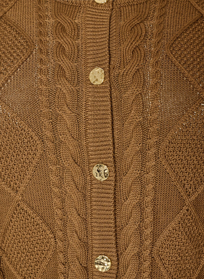 Kabelstickad cardigan med dekorativa knappar, Brun, Packshot image number 2