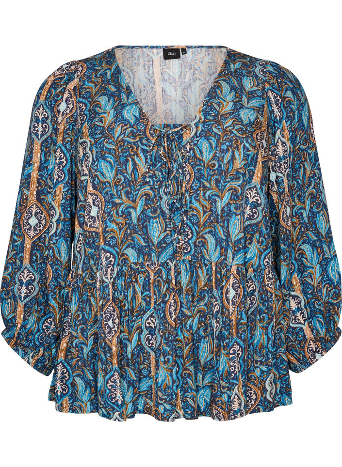 Blus med paisleym&ouml;nster och spetsdetalj, Bl&aring;, Packshot image number 0